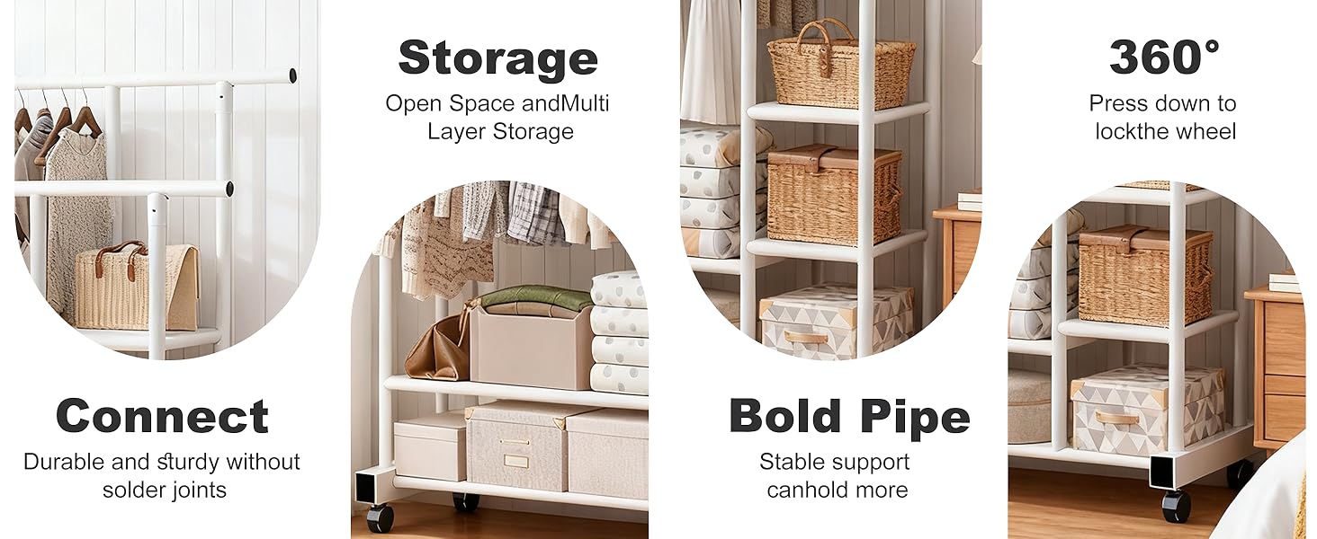 Вешалка для одягу на колесах, шестиярусна полиця з двома штангами, біла