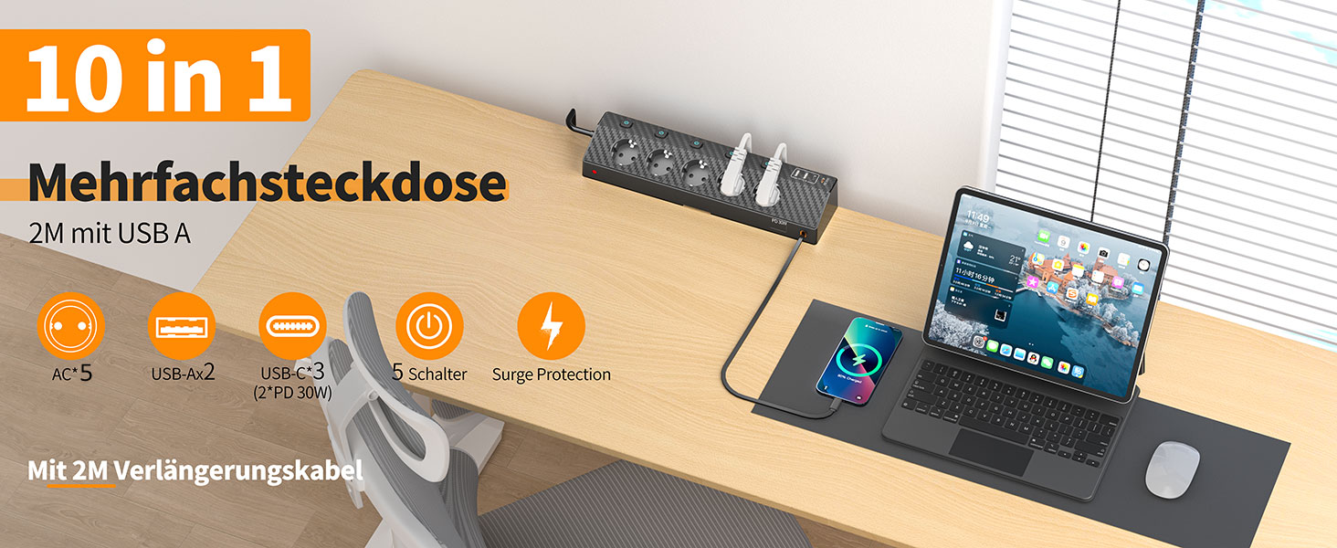 Мережевий адаптер Passus 5-фазний з 2 USB-C (PD 30W), захист від перенапруги, індивідуальне вмикання, 10-в-1, кабель 2м, чорний