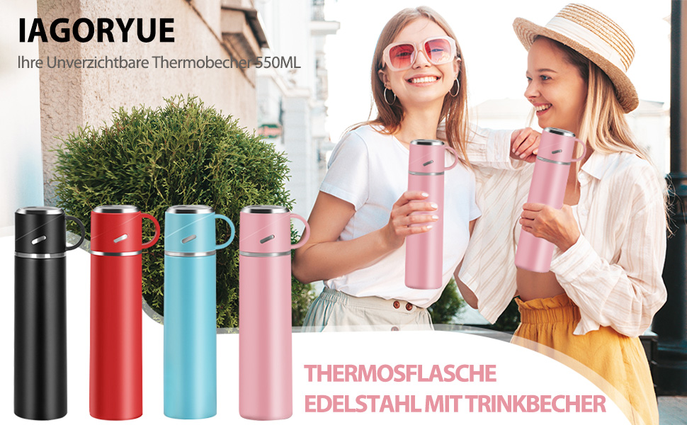 Термос IAGORYUE з нержавіючої сталі, 0.55л, з ізоляцією та кришкою без витоку, з ручкою. Подвійні стінки, зберігає температуру 12 годин. Для спорту, офісу, відпочинку на природі (Рожевий)