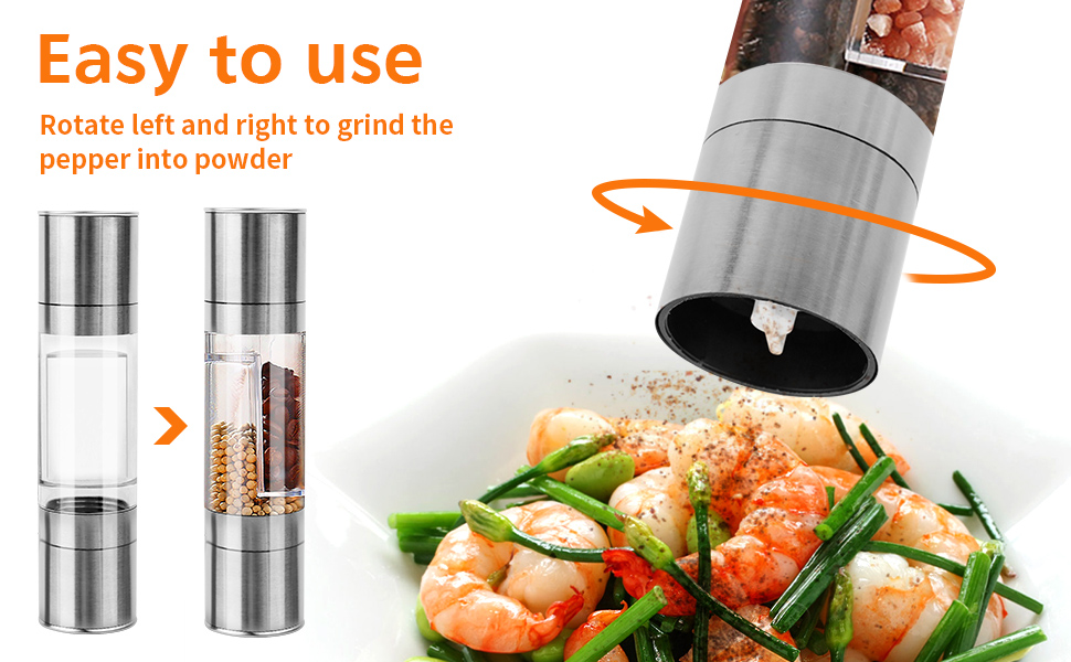 Мельниця для солі та перцю з керамічним жорном, сталеве маточне колесо, регулювання помелу, скло та нержавіюча сталь