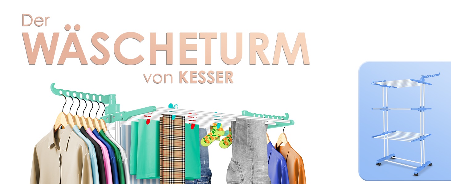 Кесер® Сушилка для білизни з колесами - Турбо-модель, 4 яруси, білий/антрацитовий, з кліпсами