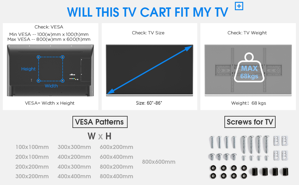 Підставка для телевізора TVON для плоских та вигнутих екранів 60-86 дюймів, регульована висота, білий колір, до 68 кг, VESA 800x600 мм