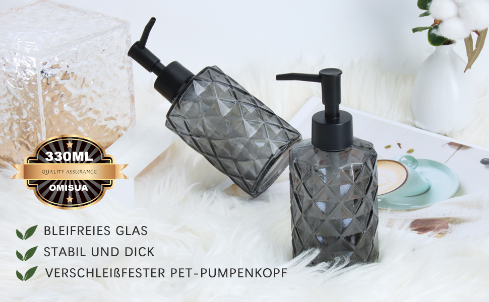 Дозатор мила чорний, скляний дозатор для ванної кімнати, наповнюваний дозатор з нержавіючою сталею, 2 підставки, 330 мл, вінтажний дизайн