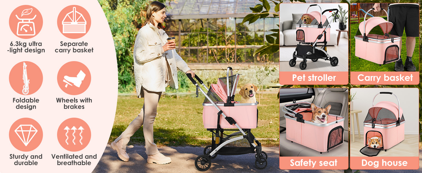 Візок для собак Mamizo 3-в-1: візок, переноска, сумка, до 20 кг, поворотні колеса, кошик, тримач для напоїв, для собак та котів (сріблястий, рожевий)