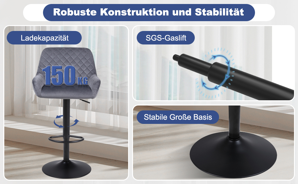 Ralex Velvet Bar Stools 2-Pack - Adjustable Swivel Bar Chairs with Backrest & Armrests for Kitchen, Bar & Counter (Gray)