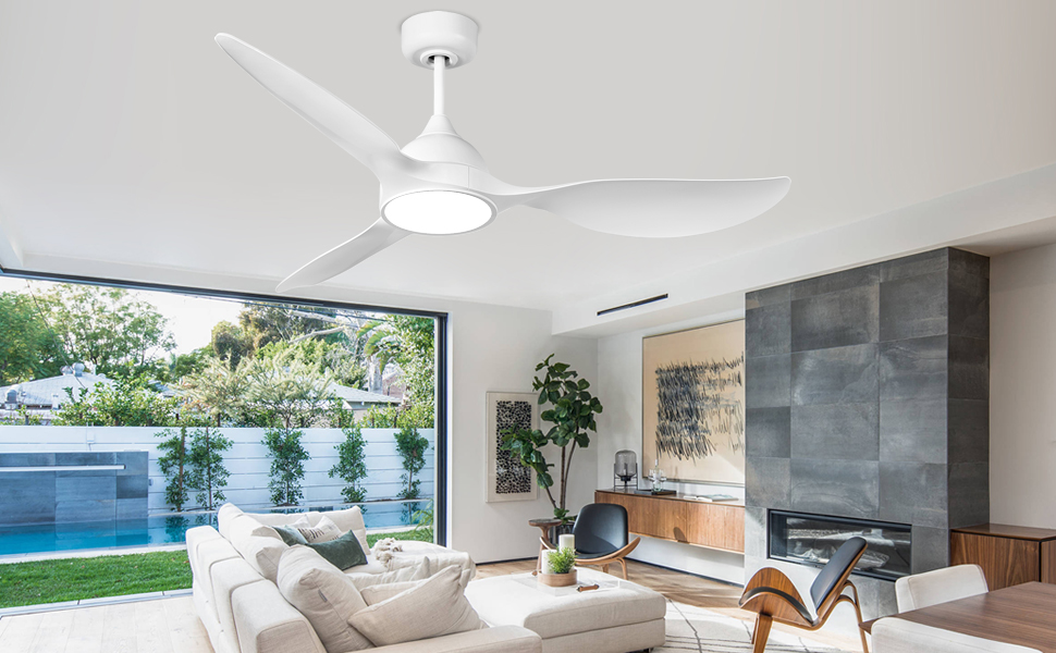 Стеляний вентилятор Reiga з підсвічуванням та пультом дистанційного керування 132 см, тихий реверсивний двигун, 6 швидкостей, таймер, регульована яскравість та 3 колірні температури, світло-коричневі лопаті (білий, з пультом)