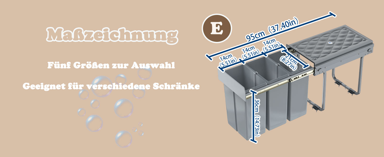 Вбудований контейнер для сміття HENGMEI з висувними ящиками для сортування, сірий (1x20L + 2x10L)