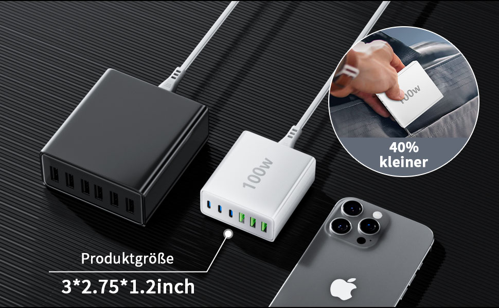 Мережевий зарядний пристрій HSSNS USB-C з 6 портами, 100W, для iPad, iPhone та смартфонів