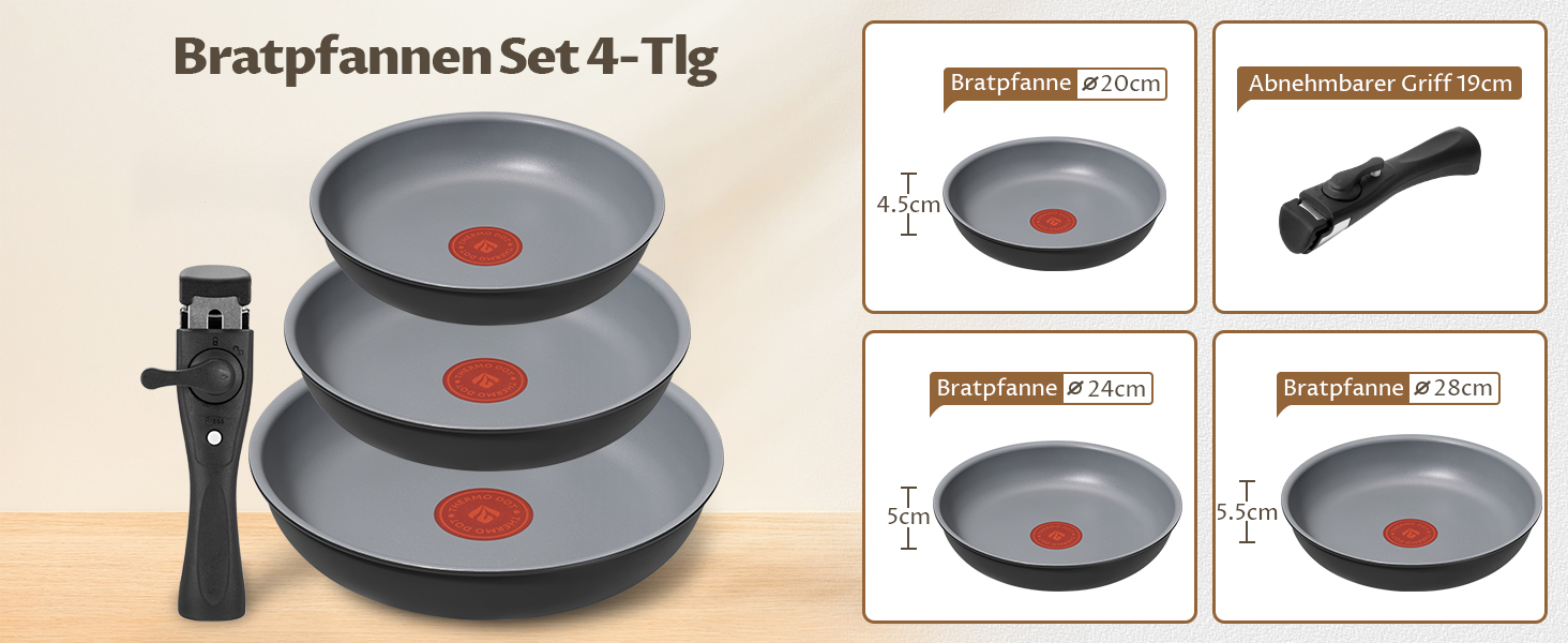 Набір сковорідок 4 шт. 20, 24, 28 см з термоіндикатором, знімні ручки, антипригарне покриття, підходить для всіх плит, можна використовувати в духовці
