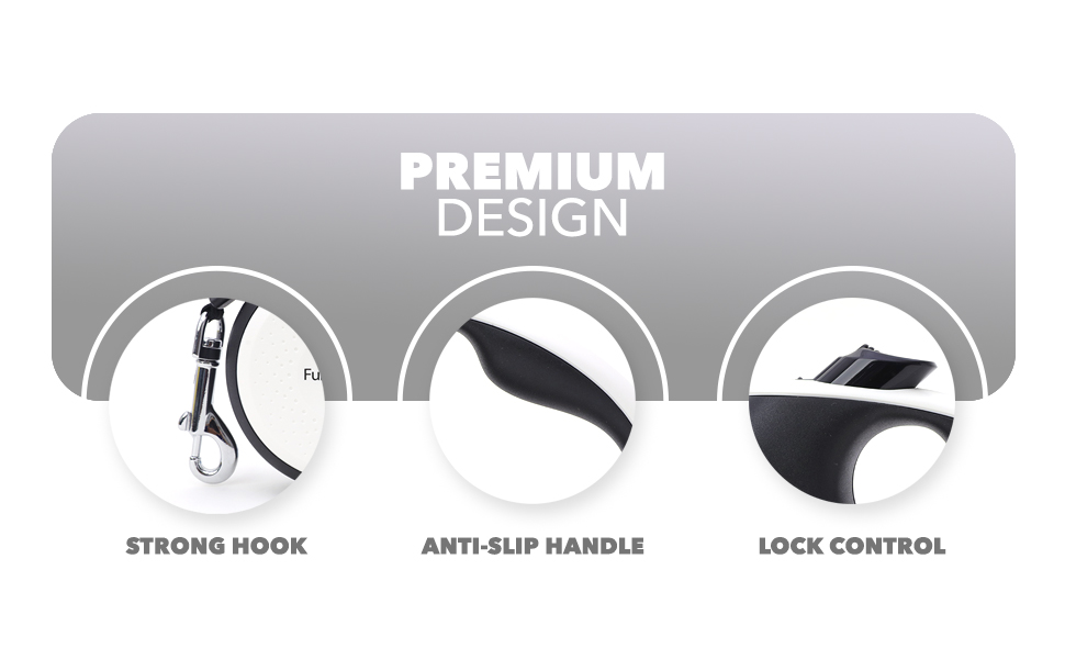 Рулетка для собак FurDreams – міцна висувна повідка 5 м | Зручна ручка з блокуванням | Міцний нейлоновий трос, що не заплутується | Кріплення для нашийника (велике) | Білий, великий