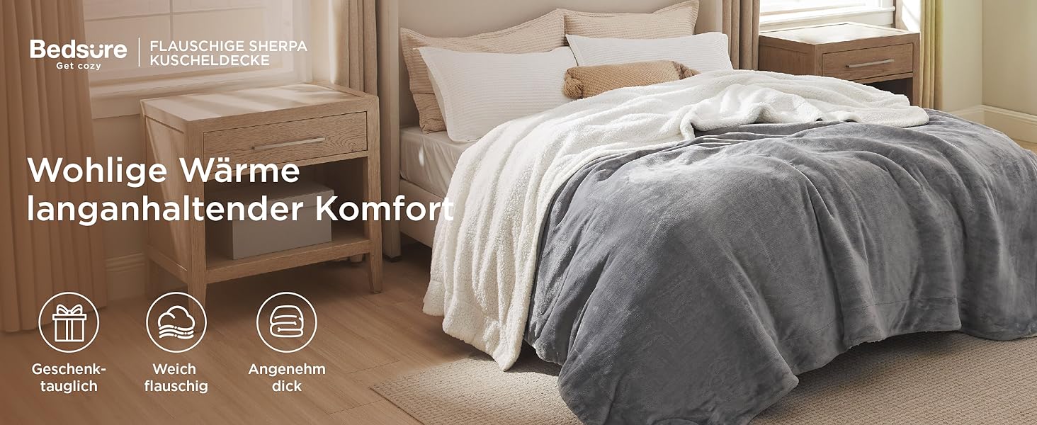 BEDSURE Плед з м'якого Sherpa, теплий вовняний плед - покривало на диван, пухнастий накид, товстий плед для дивану, подарунок для жінок, пухнастий домашній плед, сірий, 150x200 см, XL