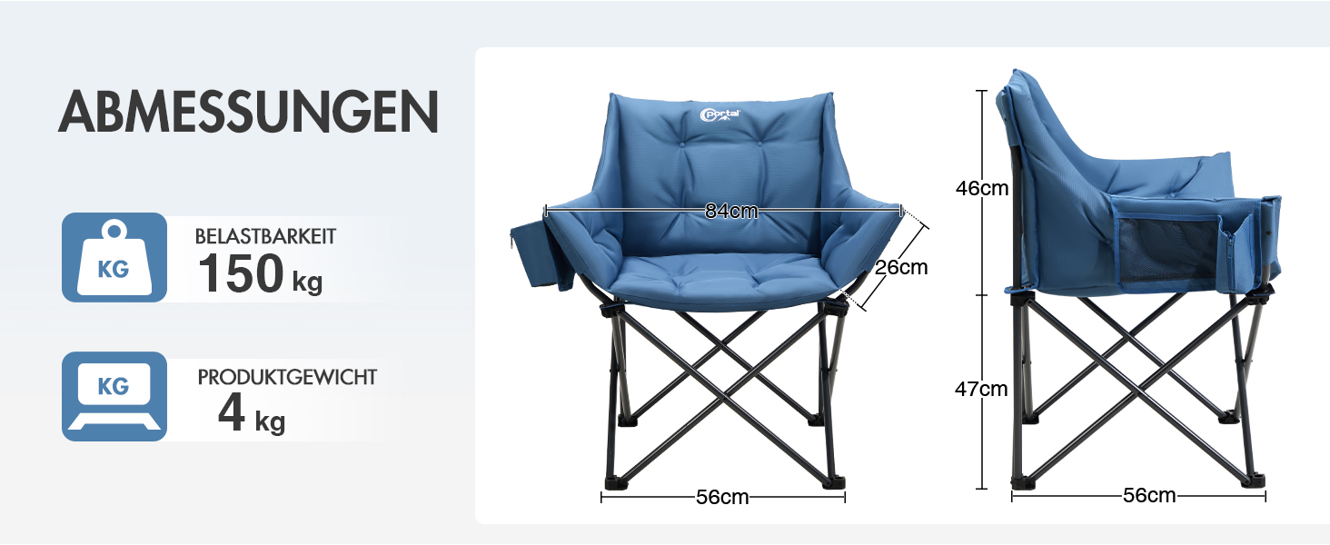 Крісло для кемпінгу складне, XXL, з підлокітниками, 150 кг, блакитне