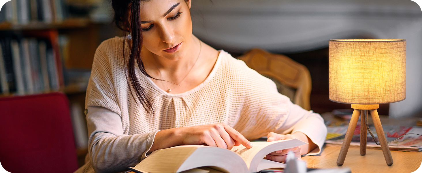 Настільна лампа EDISHINE з дерева, Е27, вінтажний стиль, бежевий абажур з льону, для спальні та вітальні