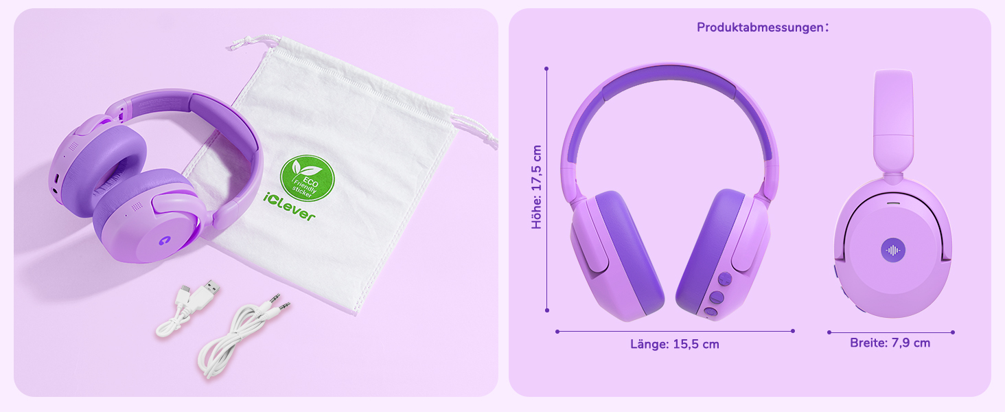 iClever Бездротові навушники з шумозаглушенням для дітей Bluetooth, 60 годин роботи, 80 дБ безпечний рівень гучності, зручна посадка, Bluetooth 5.4, AUX кабель для подорожей (білий, зелений, фіолетовий)