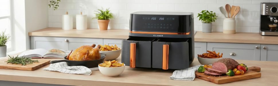Аерофритюрниця KLAMER Duo 9L з двома незалежними кошиками, функціями Match та Sync, мідного кольору