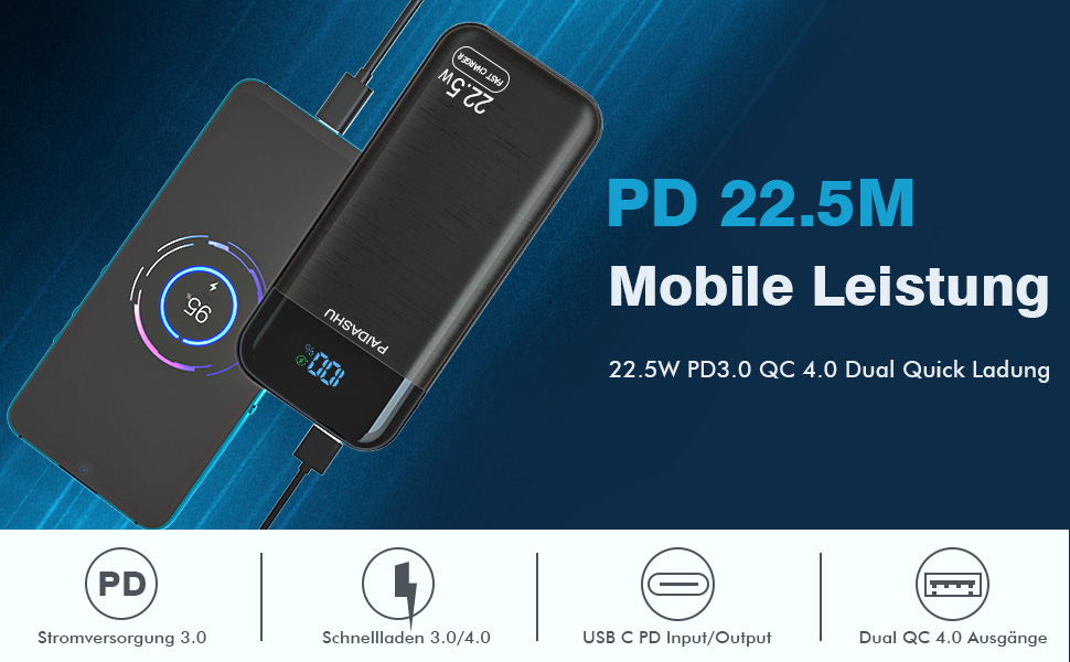 Портативний зарядний акумулятор Power Bank 27000mAh 22.5W з LCD дисплеєм, 1 USB-C, 2 USB-A для смартфонів, планшетів, подорожей та кемпінгу