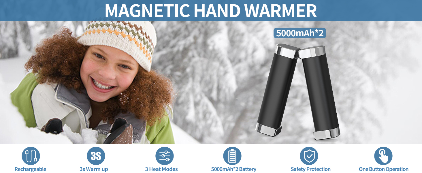 Електричні грілки для рук 5000mAh, 2 шт. - багаторазові, для дітей, на відкритий простір, зимовий подарунок (чорний)