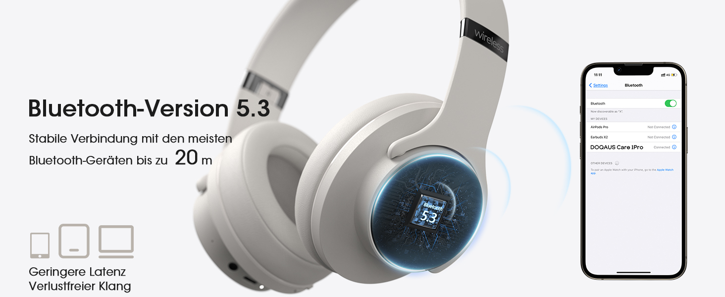 DOQAUS Бездротові навушники Over-Ear Bluetooth 5.3 з мікрофоном, 90 годин роботи, HiFi стерео звук, глибокі баси, сірий
