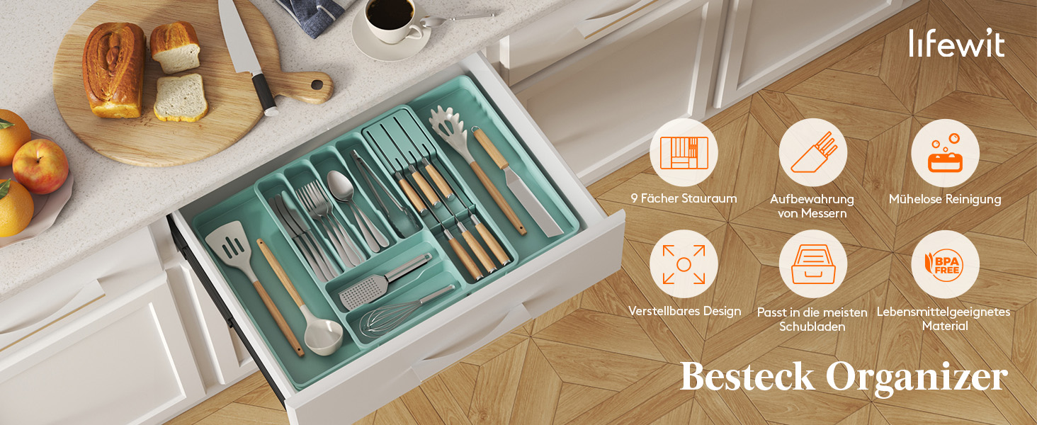 Органайзер для столових приборів Lifewit в шухляду, розширюваний, з відділенням для ножів (40 см, бірюзовий)