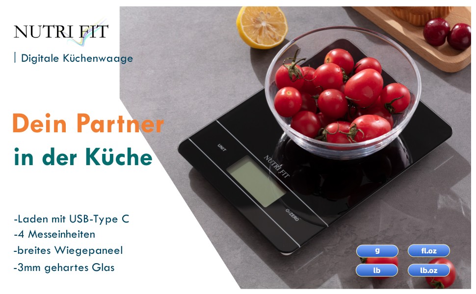 Електрична кухонна вага NUTRI FIT EK9380HR-schwarz: цифрова вага для приготування їжі, 5 кг, USB-C, LCD, чорна