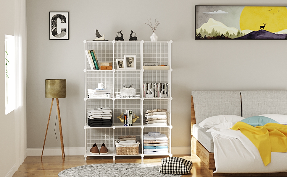AWTATOS Regal 12 Regal Wire Cube Stackable Shelf Cube DIY Metal Grid Shelf Cube Bookshelf Cube Shelf With Doors For Living Room, Bedroom, Bathroom USCIH12BE (Large, White)