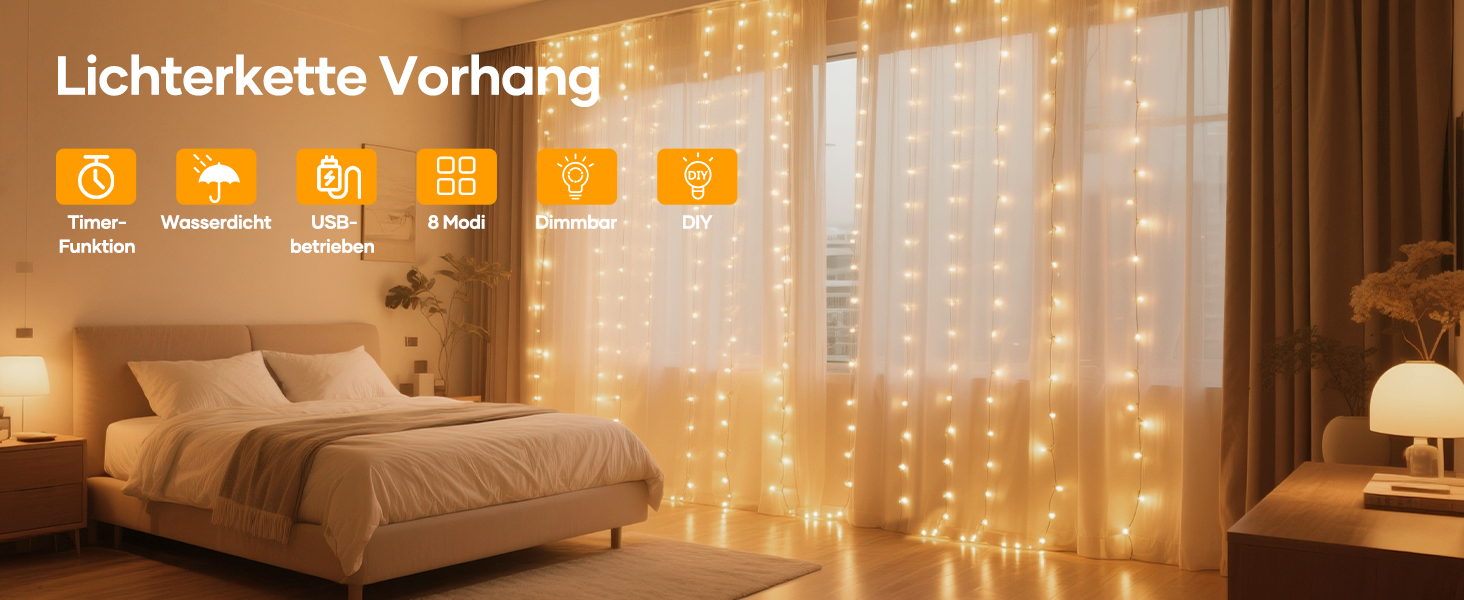 Лампочки-завіса USB Hoteril 3x3м, 300 LED, 8 режимів, пульт, таймер, IP65, для декору, вечірки, кімнати (тепле світло)