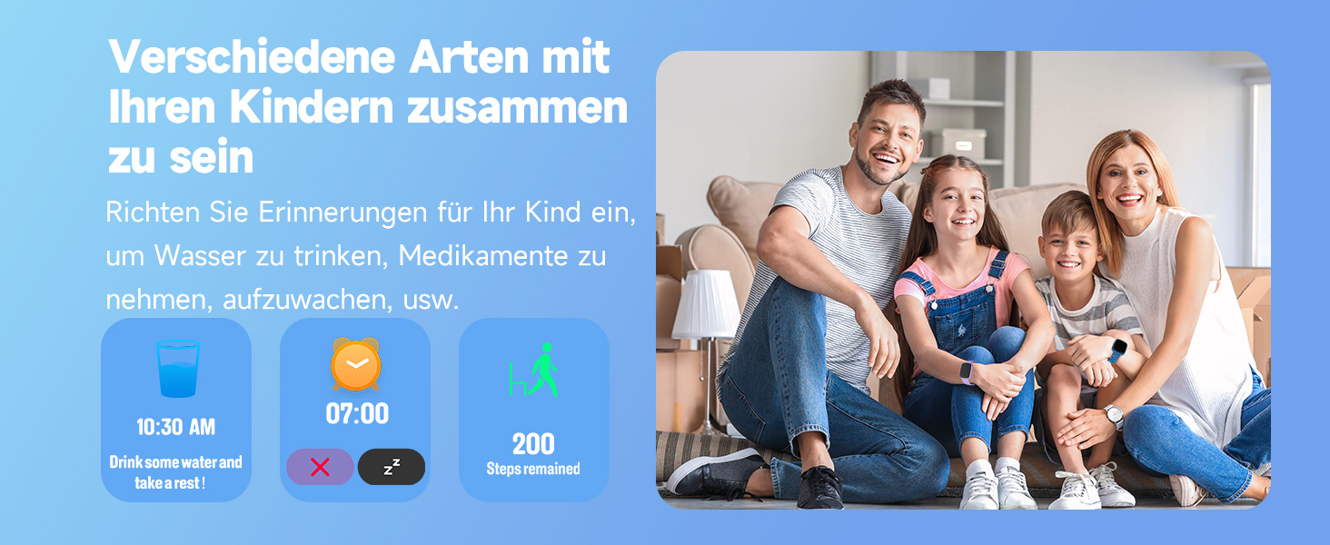 Смарт-годинник BIGGERFIVE для дітей, 1.8' - фітнес-трекер, пульсометр, монітор сну, водонепроникний (IP68), ігри, для дівчаток та хлопчиків 5-16 років, блакитний