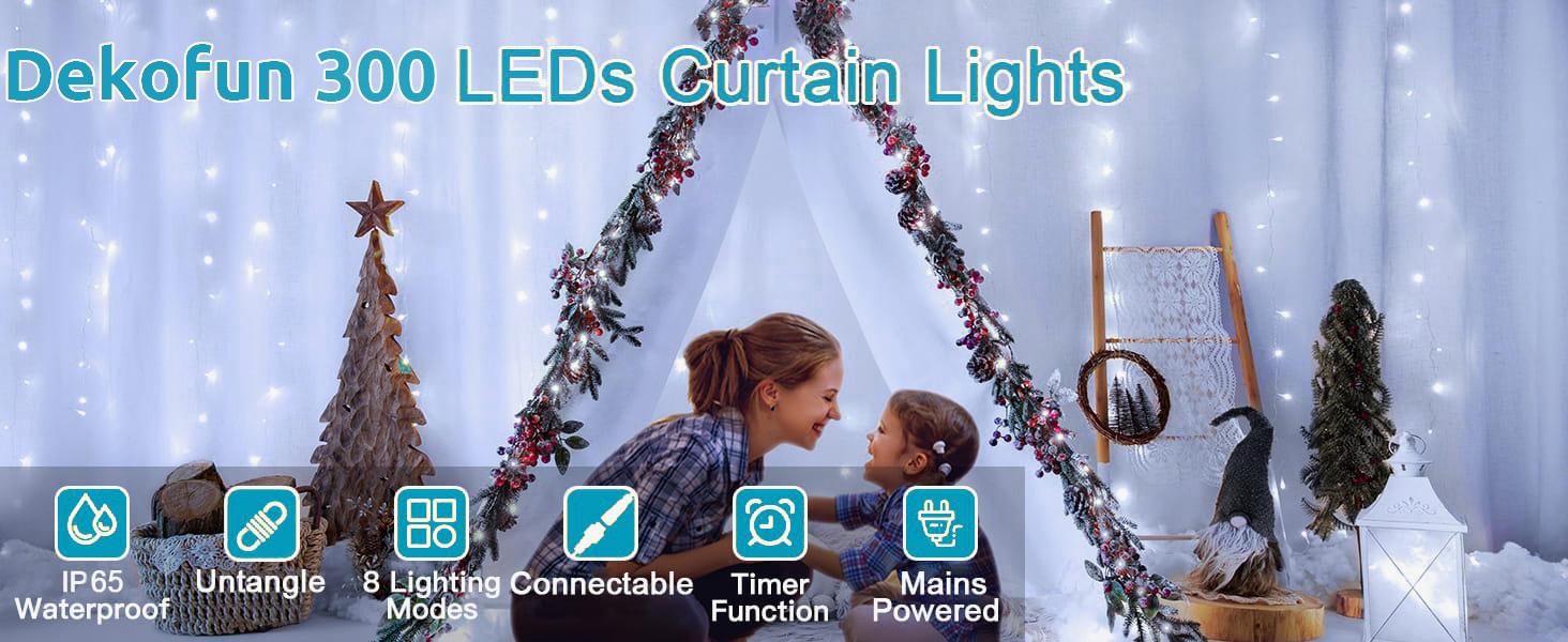 Лампочки-завіса для декору інтер'єру та екстер'єру 300 LED, 3x3м, різдвяне освітлення, 8 режимів, таймер, вологостійка, для вікна, стіни, вечірки, шлюбу, холодний білий
