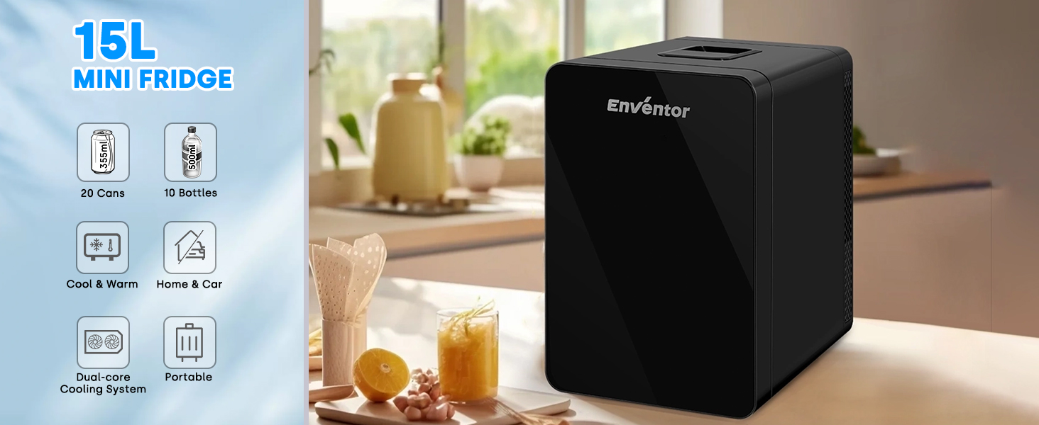 Міні-холодильник Enventor 10/15 літрів, 220V/12V, портативний, з LCD, для авто, подорожей, косметики, їжі та напоїв (білий/чорний)