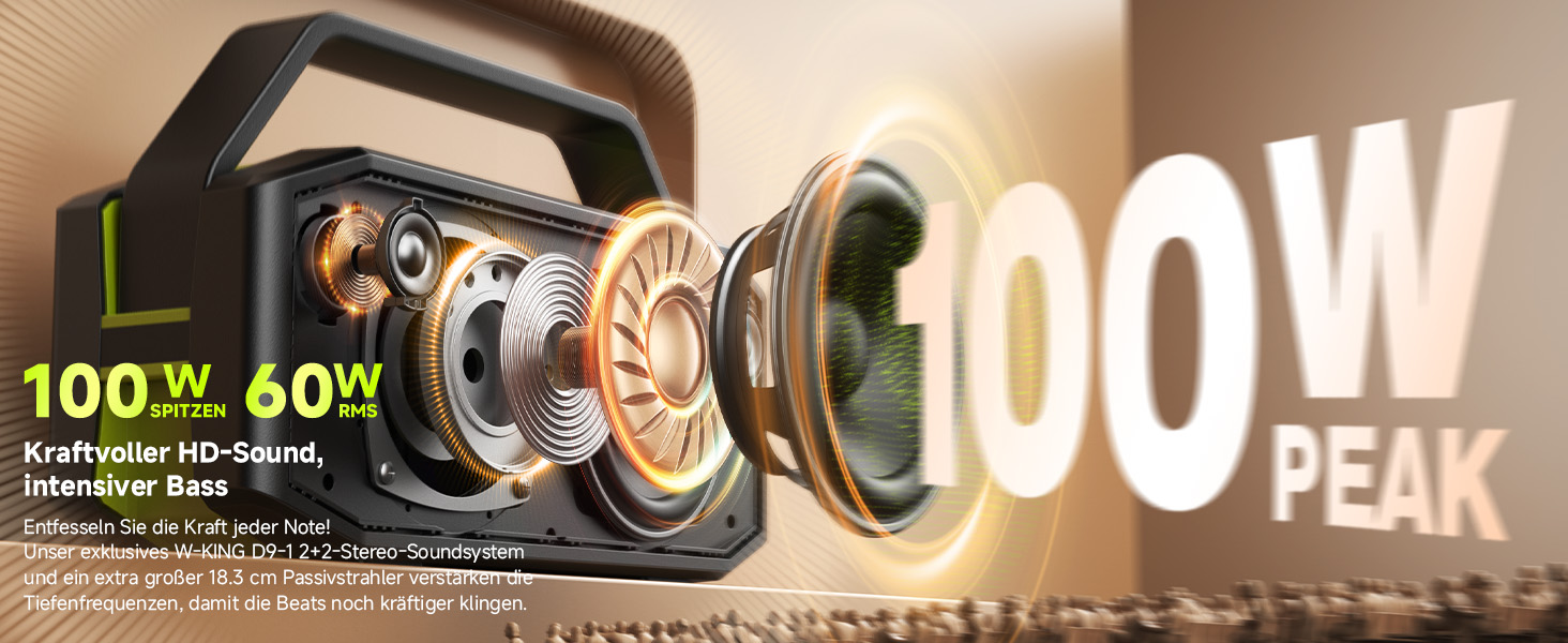 W-KING Bluetooth колонка 100W (60W) IPX6, портативна, глибокий бас, до 40 годин, TF/AUX/EQ, зелена