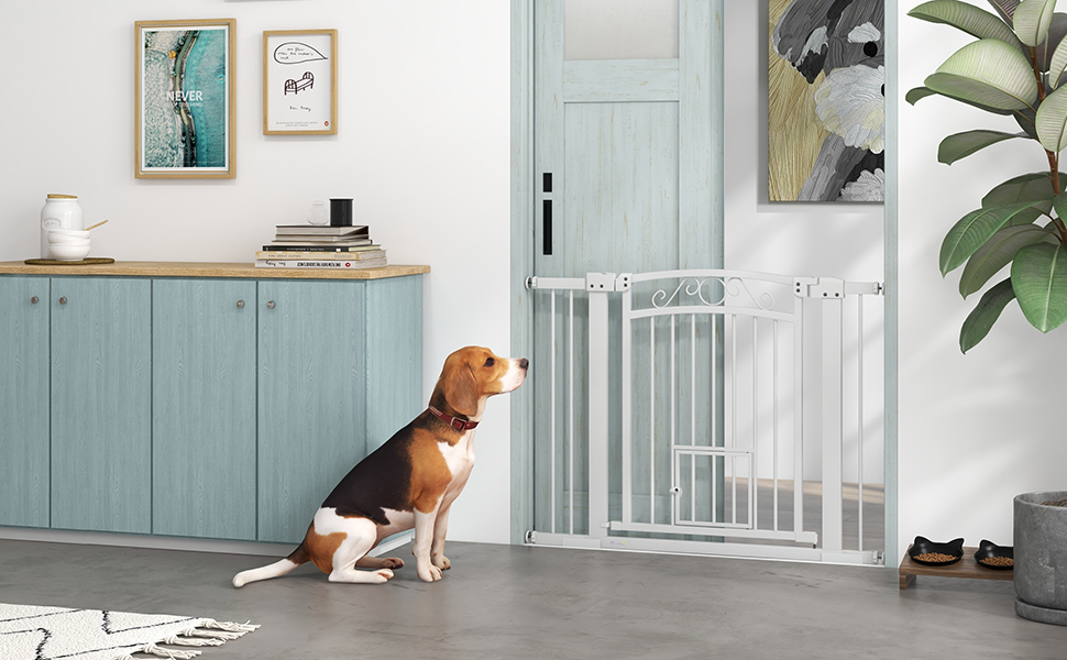 Бар'єр для собак PawHut: регульований, 76-104 см, безпечний, з двома розширювачами, двома замками та маленькими воротами для сходів та дверей, білий