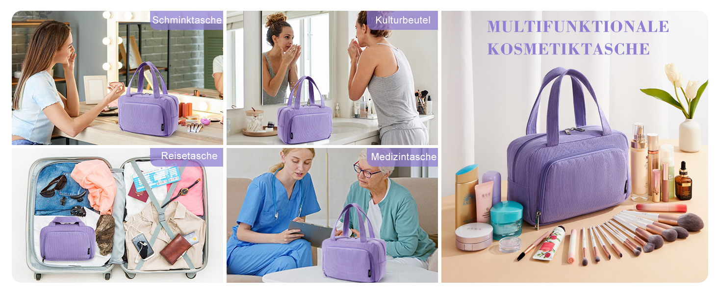 Косметичка велика для жінок Kalidi з багатьма відділеннями та відділенням для пензликів. Косметичний органайзер, сумочка для макіяжу, валізка, фіолетовий колір.