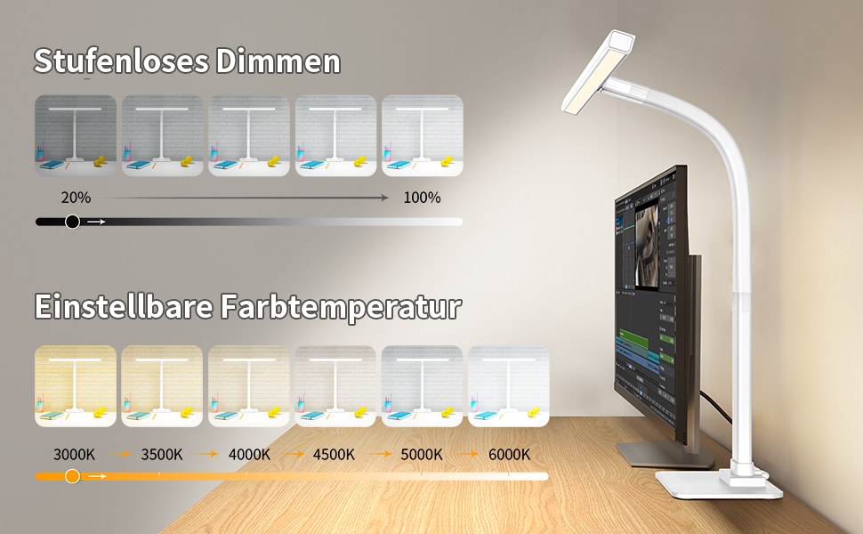 LED лампа настільна EppieBasic з регулюванням яскравості, 12W, для офісу та дому, захист очей, 6 кольорів, автоматичне регулювання білого світла