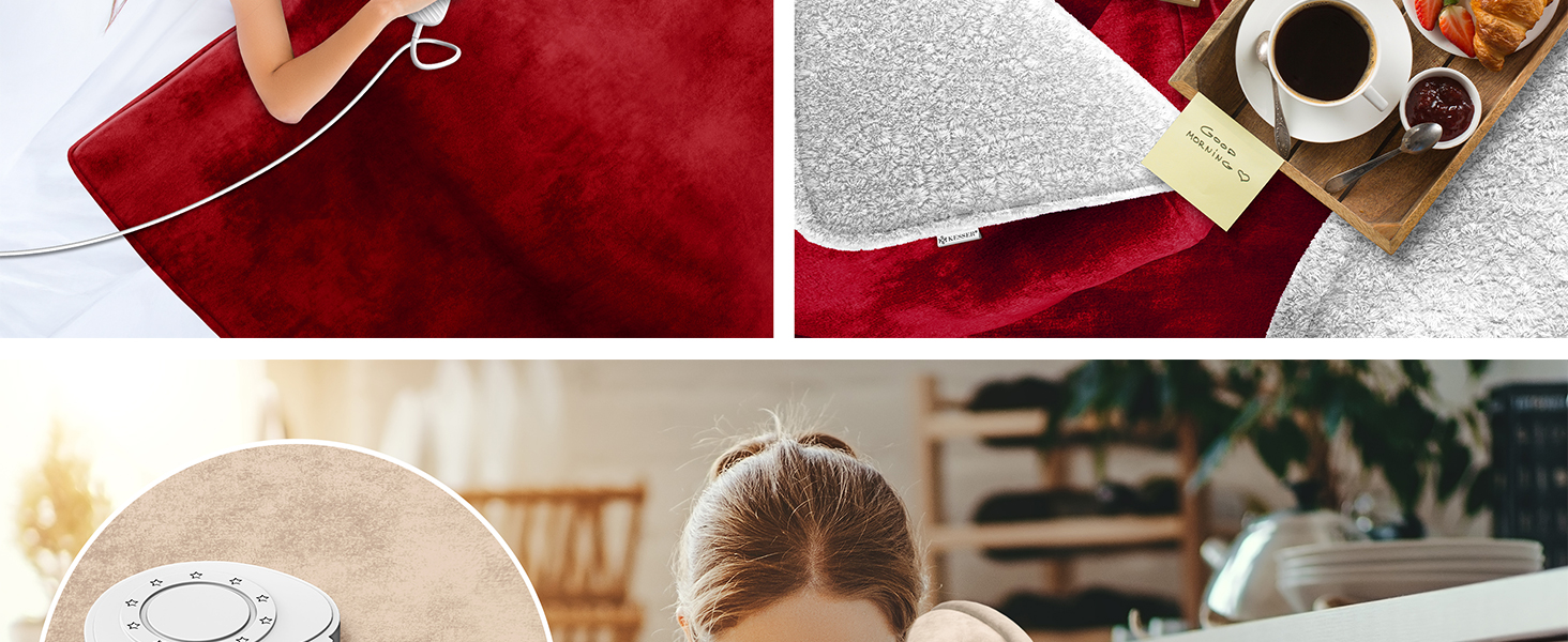 Електрична ковдра KESSER® з автовимкненням 200x180 см двостороння | Ковдра для ліжка, дивана | 9 температурних режимів | Пральна до 40°C | з таймером, цифровим дисплеєм, Бордовий колір