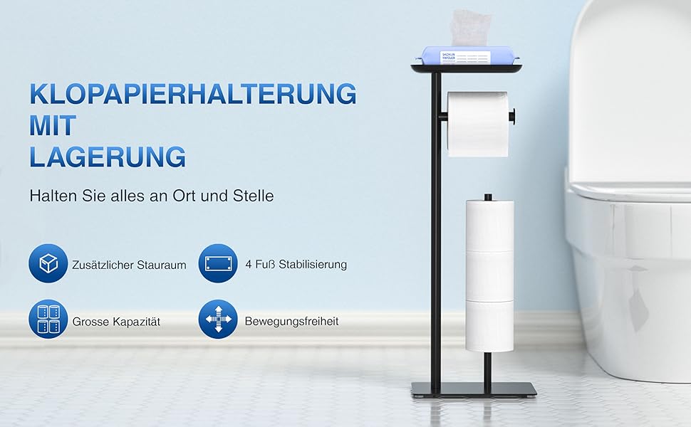 Настінний тримач для туалетного паперу з полицею, чорний, з місцем для 4 запасних рулонів, нержавіюча сталь