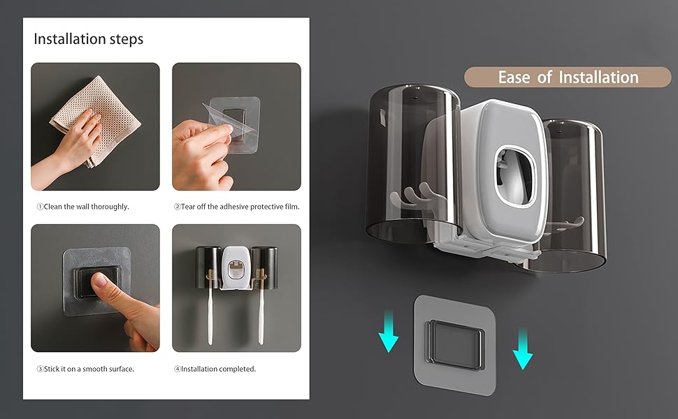 Настінний тримач для зубних щіток з автоматичним дозатором пасти, електричний для 4 щіток, 2 стаканчики, без свердління (чорний)