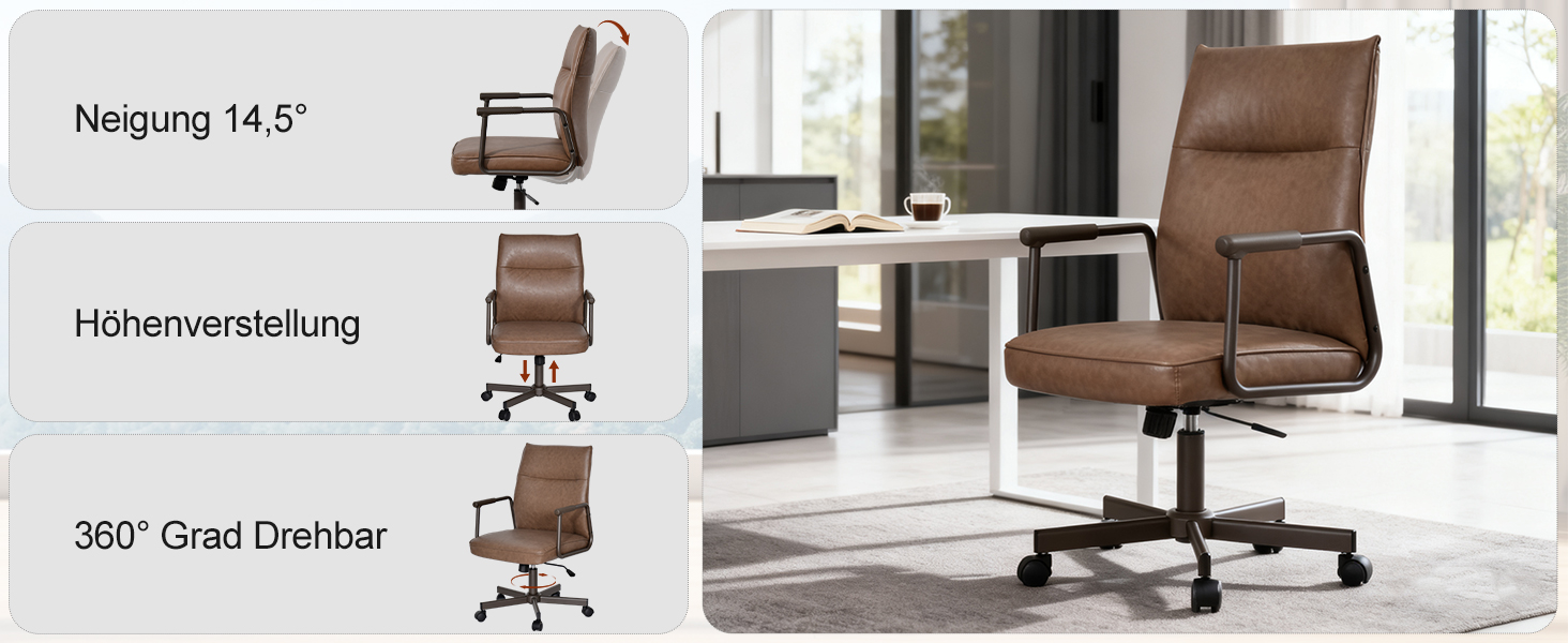 Офісне крісло Duhome з регулюванням висоти, поворот на 360°, матеріал PVC, для офісу, вітальні, спальні, коричневе