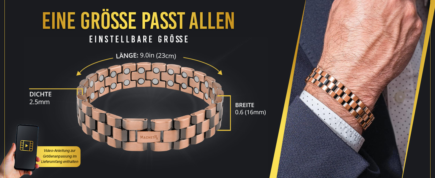 Браслет на руку MagnetRX® з чистої міді для чоловіків - Магнітний браслет для чоловіків, ідеальний при артриті та синдромі карпального тунелю - З інструментом для регулювання розміру (Президентський стиль)