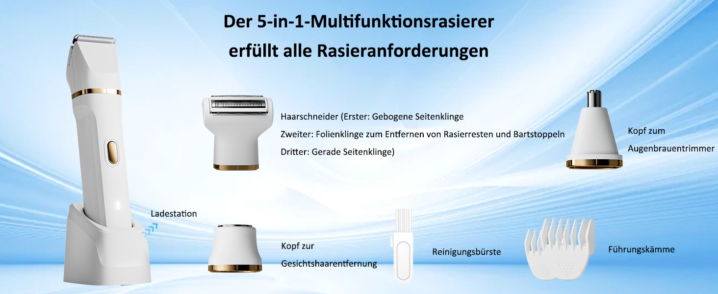 Електричний жіночий тример Jianyana 5-в-1 для тіла та обличчя, водонепроникний IPX7, для ніг, обличчя, пахв, носа та брів. Змінні насадки.