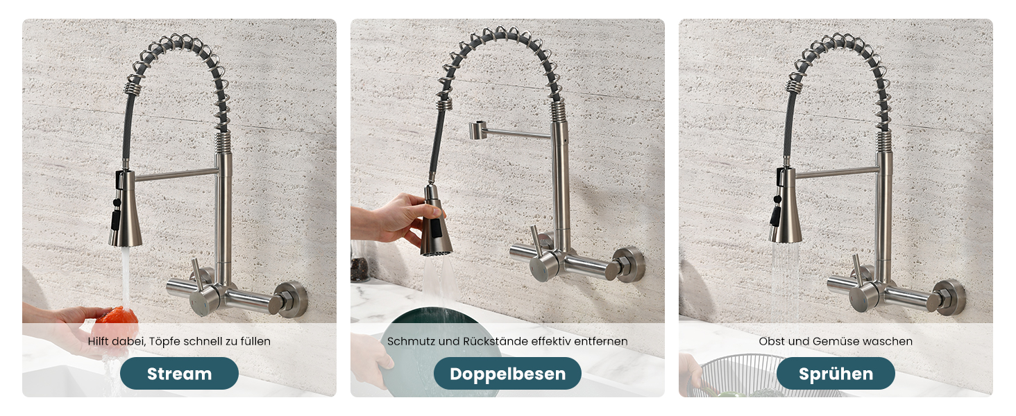 Змішувач кухонний настінний DAYONE з висувною лійкою, нержавіюча сталь, 3 режими, 360° обертання, відстань між отворами 15 см, матовий