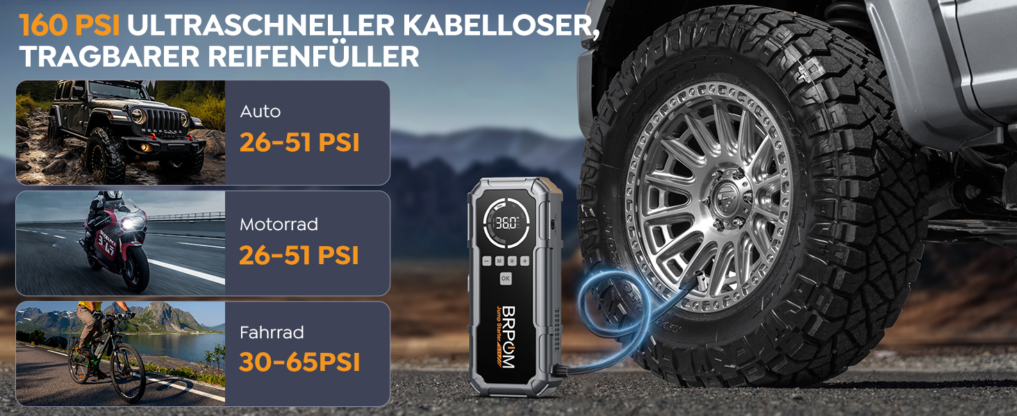 Powerbank Starthilfe BRPOM 8000A з компресором 160PSI для автомобілів, 26800mAh, підтримка бензинових та дизельних двигунів (12.0L), LED-ліхтар 600LUM, сріблясто-сірий колір