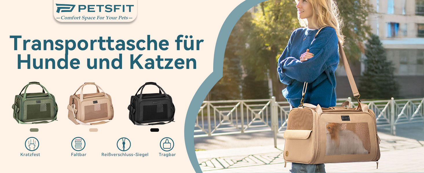 Переносна сумка-переноска для котів та собак Petsfit, розкладний дизайн, з м'яким килимком, 47L x 30B x 30H см (Хакі)