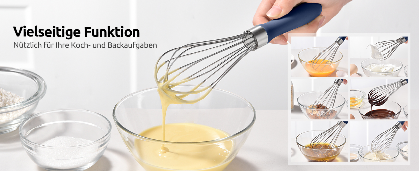 Міксер кухонний U-Taste, 30 см, нержавіюча сталь 18/10, 12 гнучких дротів, силіконовий грифель, для тіста та соусів, великий, колір: Місячна блакить