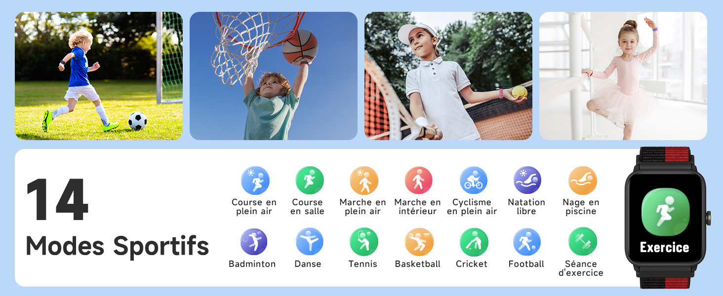 Смарт-годинник BIGGERFIVE для дітей, фітнес-трекер з пульсометром, крокоміром, моніторингом сну, водонепроникний (5ATM), будильник, 1.5' HD-сенсорний екран, для дівчаток та хлопчиків 3-14 років, ремінець нейлон, чорний/червоний