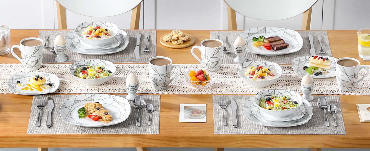 Набір посуду VEWEET 'Serena' з порцеляни, 24 елементи | 6 тарілок для сніданку, десерту, обіду та супу | Сервіз для 6 осіб, ресторану, сім'ї (білий)