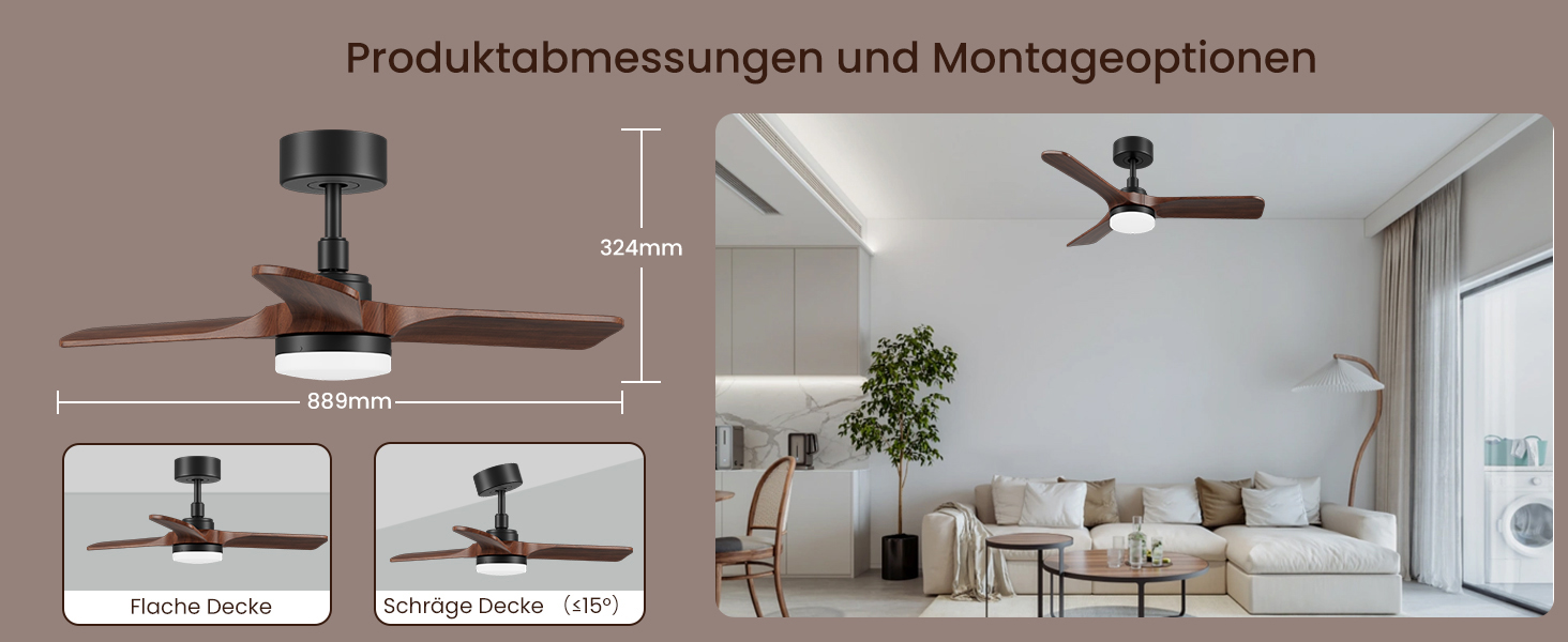 Дерев'яний стельовий вентилятор з підсвіткою, тихий DC-двигун, 90 см, для вулиці, 3 лопаті, диммування LED 24W, пульт з пам'яттю, 6 швидкостей, таймер, текстурована деревина