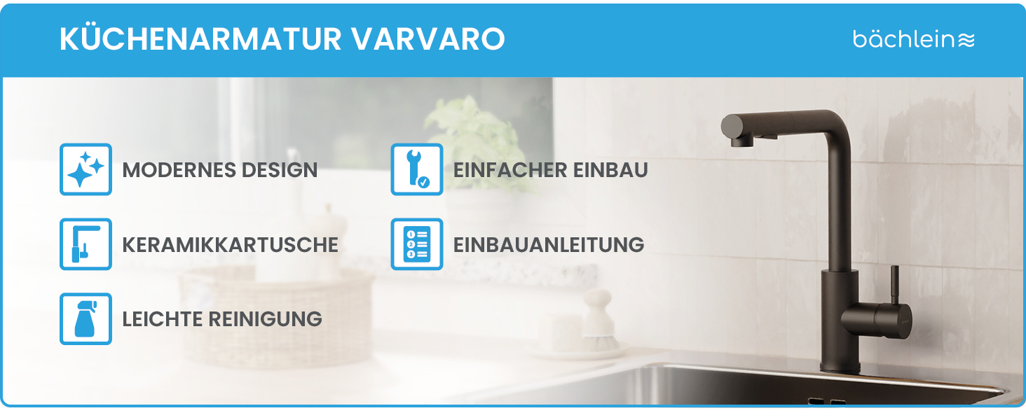 Кухонний змішувач Bächlein Varvaro – поворотний на 360° з висувним шлангом та душем, матовий чорний