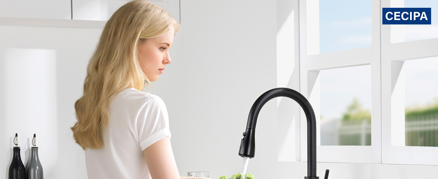 Кран кухонний CECIPA з 3 режимами, висувний, поворотний 360°, з високим виливом, з нержавіючої сталі, чорний