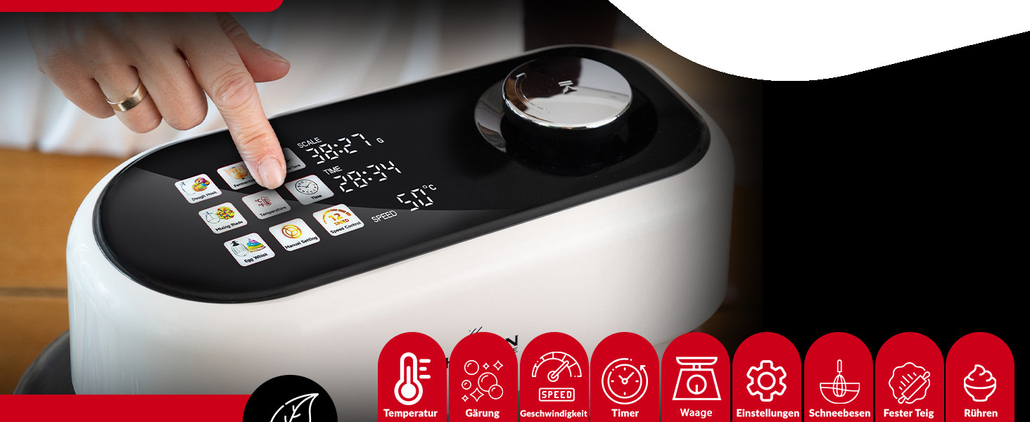 Кухонна машина Lehmann з дисплеєм, 12 швидкостей, функція ферментації з підігрівом, вбудована вага, таймер, міксер з 3 насадками та 5л чашею