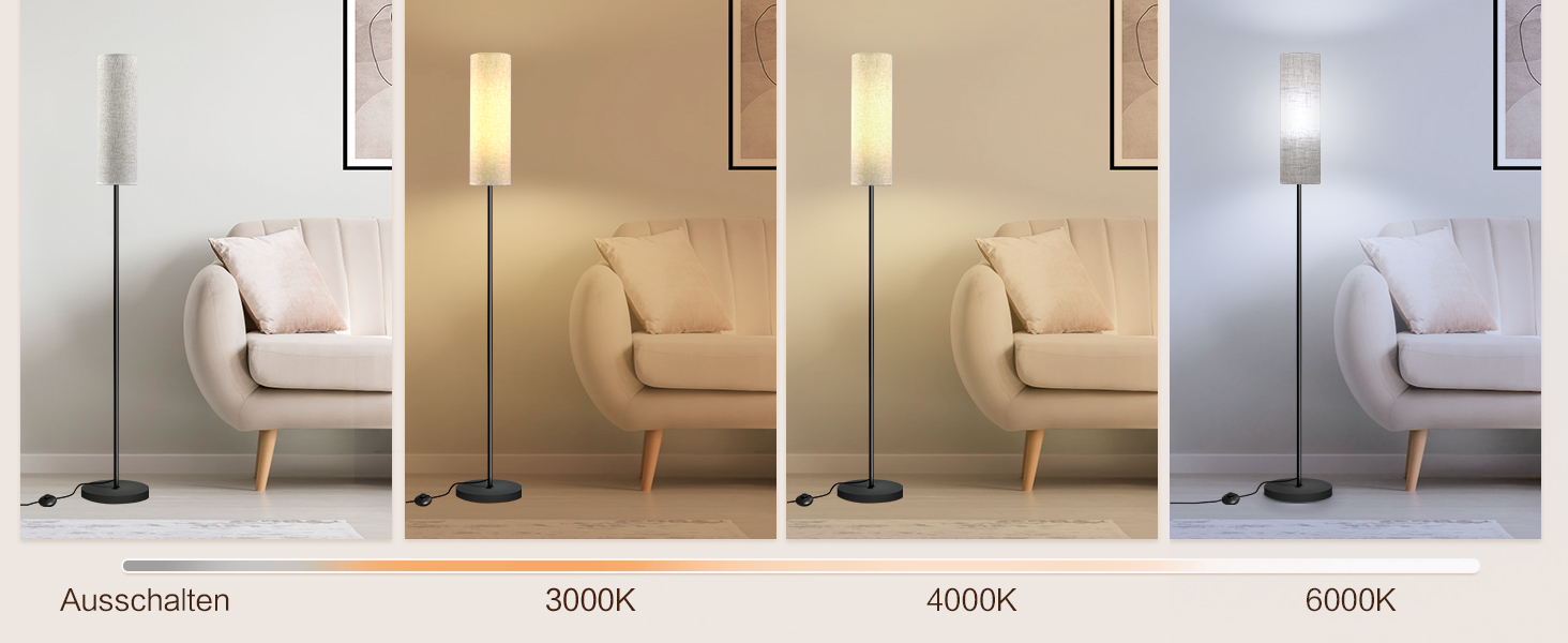 Стійка лампа для вітальні з 3 колірними температурами, 12W E27, бавовняний абажур, вимикач на нозі, LED диммер, підходить для спальні, читання, офісу (сучасний)